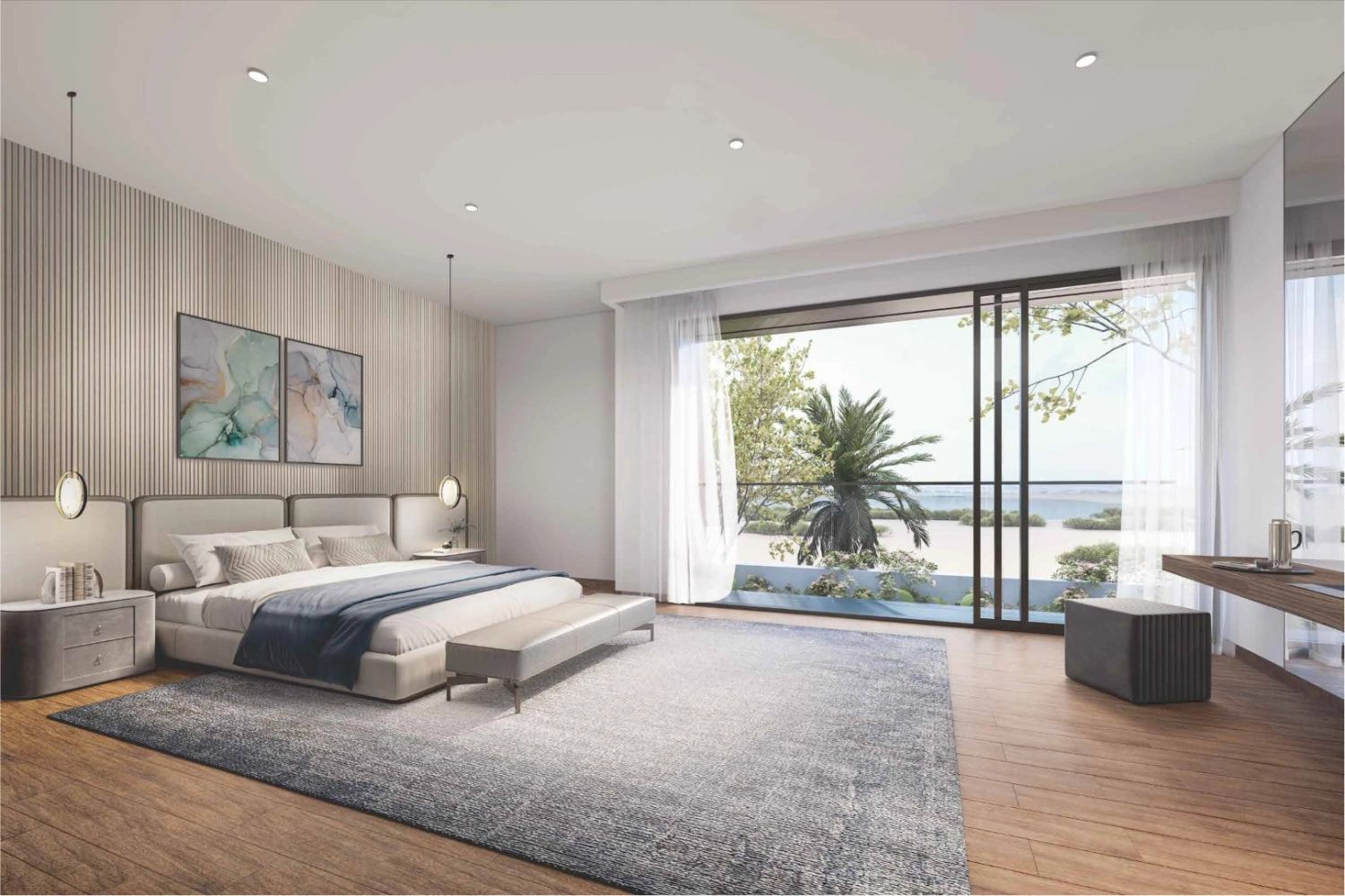 Open-plan living room with large windows and views of the mangroves in Saadiyat Lagoons